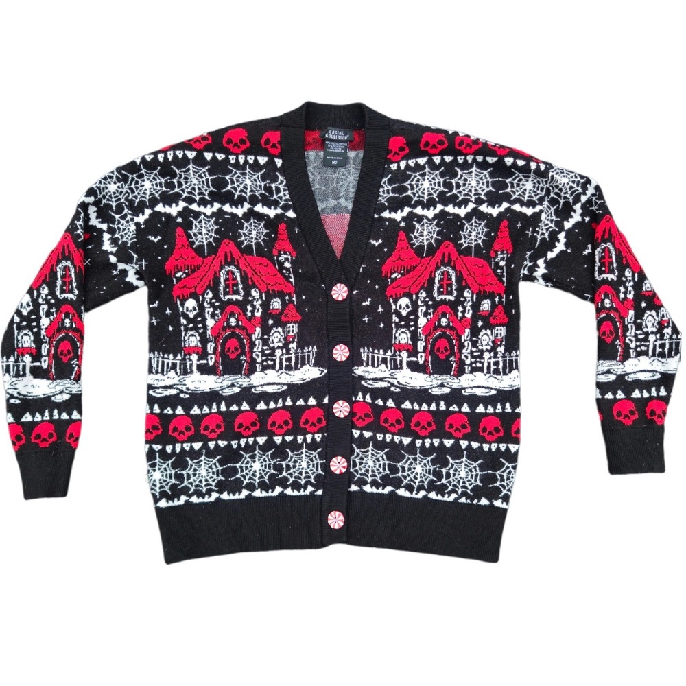 Social Collision Haunted Gingerbread House Cardigan Womens Size Medium Xmas